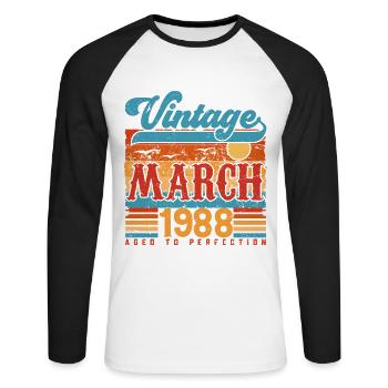 Mars 1988, Cadeau Anniversaire Vintage Mars 1988. - T-shirt baseball manches longues Homme - blanc/noir - Devant - Nik (191cm)