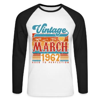 März 1962, Jahrgang März 1962 Jubiläumsgeschenk. - Unisex Baseballshirt langarm - Weiß/Schwarz - Vorne - Nik (191cm)