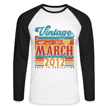 Mars 2012, Cadeau Anniversaire Vintage Mars 2012. - T-shirt baseball manches longues Homme - blanc/noir - Devant - Nik (191cm)