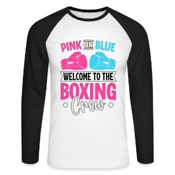 Pink oder Blau, willkommen in der Boxcrew - Unisex Baseballshirt langarm - Weiß/Schwarz - Vorne - Nik (191cm)