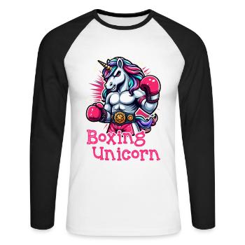 Boxen Einhorn - Unisex Baseballshirt langarm - Weiß/Schwarz - Vorne - Nik (191cm)