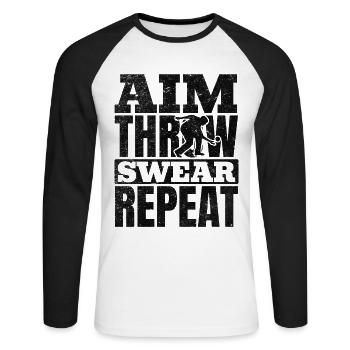 Floorball - Aim Throw Swear Repeat - Floorball Pla - Unisex Baseballshirt langarm - Weiß/Schwarz - Vorne - Nik (191cm)