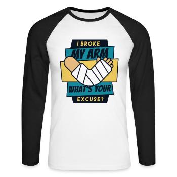 Je me suis cassé le bras, quelle est ton excuse, doigt cassé - T-shirt baseball manches longues Homme - blanc/noir - Devant - Nik (191cm)