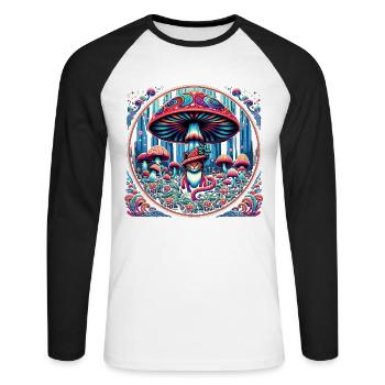Chat psychédélique aux champignons magiques - T-shirt baseball manches longues Homme - blanc/noir - Devant - Nik (191cm)