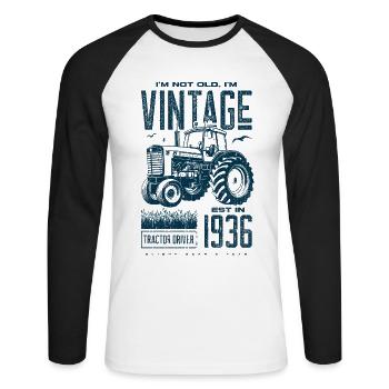 Tracteur Vintage Farmer Anniversaire Né En 1936 - T-shirt baseball manches longues Homme - blanc/noir - Devant - Nik (191cm)