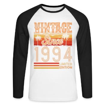1994. Vintage Born in 1994 Birthday - Unisex Long Sleeve Baseball T-Shirt - white/black - Front - Nik (191cm)