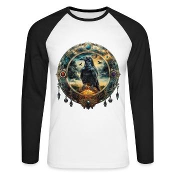 Corbeau mystique, Emblème, Symbolisme, Magie, Fantaisie - T-shirt baseball manches longues Homme - blanc/noir - Devant - Nik (191cm)