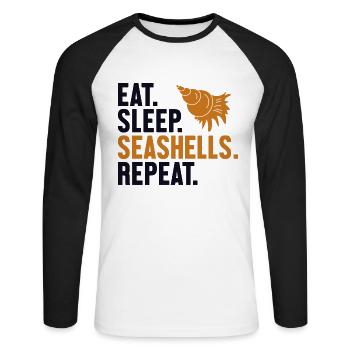 Eat Sleep Seashells Repeat Shell Hunter Seashell - Unisex Baseballshirt langarm - Weiß/Schwarz - Vorne - Nik (191cm)