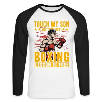 Touch my Son und Ihre erste Boxstunde ist kostenlos - Unisex Baseballshirt langarm - Weiß/Schwarz - Vorne - Nik (191cm)