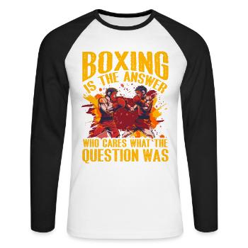 Boxen ist die Antwort, wen interessiert die Frage - Unisex Baseballshirt langarm - Weiß/Schwarz - Vorne - Nik (191cm)