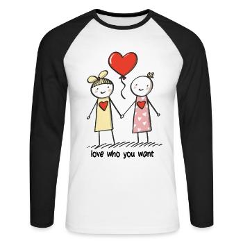 Strichmännchen Lesbisches Liebespaar Liebe - Unisex Baseballshirt langarm - Weiß/Schwarz - Vorne - Nik (191cm)