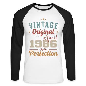 Vintage Geboren im April 1986 Geburtstagsgeschenk - Unisex Baseballshirt langarm - Weiß/Schwarz - Vorne - Nik (191cm)