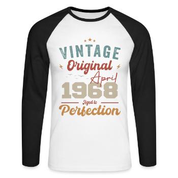 Vintage Geboren im April 1968 Geburtstagsgeschenk - Unisex Baseballshirt langarm - Weiß/Schwarz - Vorne - Nik (191cm)