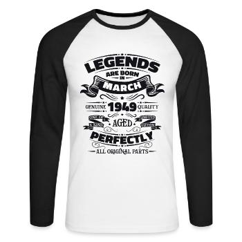 75th birthday Legendary since March Born in 1949 - Unisex Long Sleeve Baseball T-Shirt - white/black - Front - Nik (191cm)