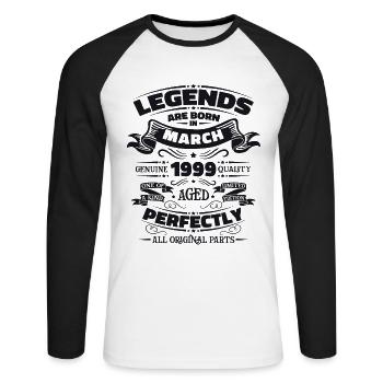 25th Birthday Legendary Since March Born in 1999 - Unisex Long Sleeve Baseball T-Shirt - white/black - Front - Nik (191cm)