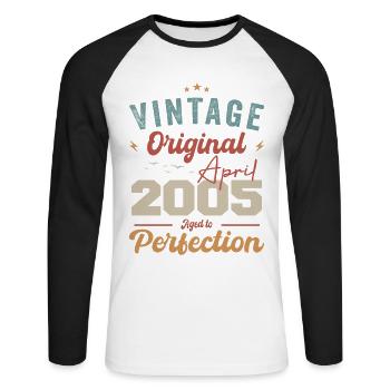 Vintage Born In April 2005 Birthday Gift - Unisex Long Sleeve Baseball T-Shirt - white/black - Front - Nik (191cm)