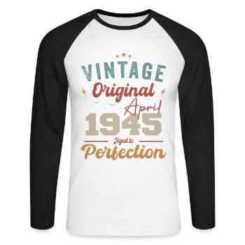 Vintage Born in April 1945 Birthday Gift - Unisex Long Sleeve Baseball T-Shirt - white/black - Front - Nik (191cm)