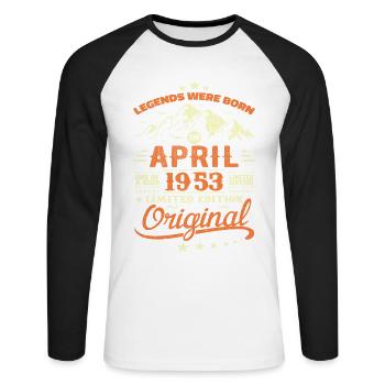 April 1953 Geburtstagsgeschenk 1953 Legenden April - Unisex Baseballshirt langarm - Weiß/Schwarz - Vorne - Nik (191cm)