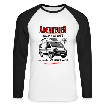 Camper-Abenteuer beginnen erst wenn der Camper ... - Unisex Baseballshirt langarm - Weiß/Schwarz - Vorne - Nik (191cm)