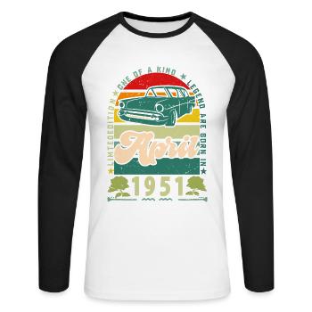 April 1951, April 1951, April 1951. - Unisex Long Sleeve Baseball T-Shirt - white/black - Front - Nik (191cm)