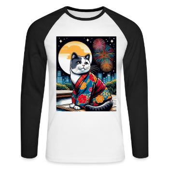 Feux d’artifice de lune Floral chaton japonais rétro - T-shirt baseball manches longues Homme - blanc/noir - Devant - Nik (191cm)