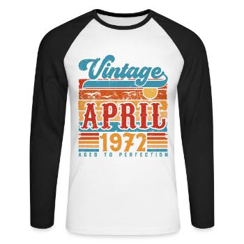 Avril 1972, Cadeau Anniversaire Vintage avril 1972 - T-shirt baseball manches longues Homme - blanc/noir - Devant - Nik (191cm)