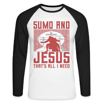 Sumo and Jesus that's all I need - Unisex Long Sleeve Baseball T-Shirt - white/black - Front - Nik (191cm)
