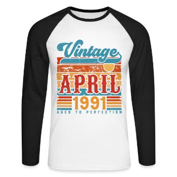 April 1991, April 1991 Vintage Anniversary Gift - Unisex Long Sleeve Baseball T-Shirt - white/black - Front - Nik (191cm)