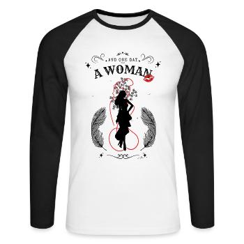 And one day, a woman! Black model. - Unisex Long Sleeve Baseball T-Shirt - white/black - Front - Nik (191cm)