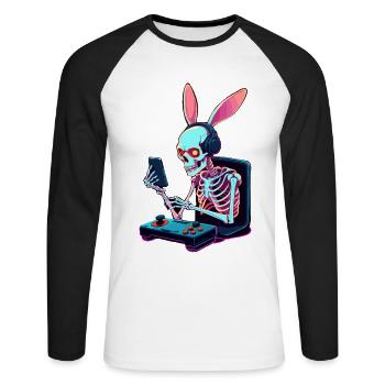 Osterhase Gamer und Gaming Streetwear Design - Unisex Baseballshirt langarm - Weiß/Schwarz - Vorne - Nik (191cm)