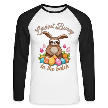 Drôle de dicton Pâques paresseux lapin Motif - T-shirt baseball manches longues Homme - blanc/noir - Devant - Nik (191cm)