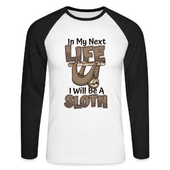 In meinem nächsten Leben werde ich ein Faultier sein Pilosa Folivora - Unisex Baseballshirt langarm - Weiß/Schwarz - Vorne - Nik (191cm)