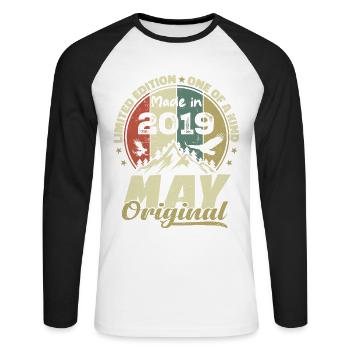 Vintage Anniversary Gift Made in May 2019 - Unisex Long Sleeve Baseball T-Shirt - white/black - Front - Nik (191cm)