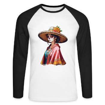 Ikonischer Zuckerschädel Mexiko Skull Streetwear - Unisex Baseballshirt langarm - Weiß/Schwarz - Vorne - Nik (191cm)