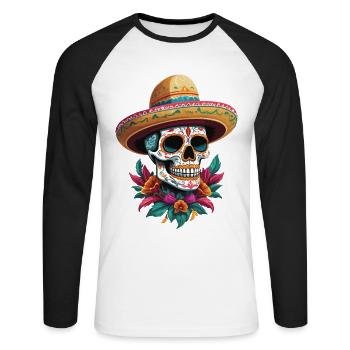 Ikonischer Zuckerschädel Mexiko Streetwear - Unisex Baseballshirt langarm - Weiß/Schwarz - Vorne - Nik (191cm)