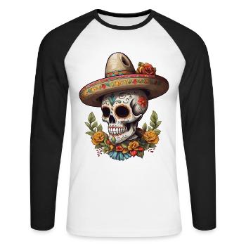 Iconique Sugar Skull Mexico Streetwear - T-shirt baseball manches longues Homme - blanc/noir - Devant - Nik (191cm)