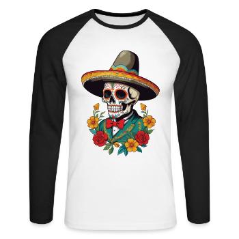Ikonischer Zuckerschädel Mexiko Skull Streetwear - Unisex Baseballshirt langarm - Weiß/Schwarz - Vorne - Nik (191cm)