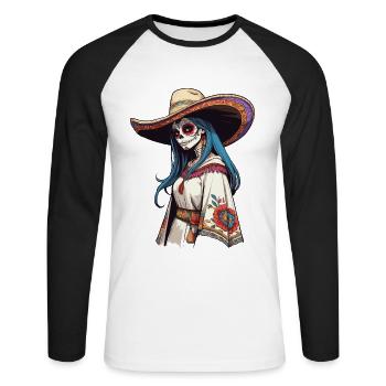 Iconic Sugar Skull Mexico Skull Streetwear - Unisex Long Sleeve Baseball T-Shirt - white/black - Front - Nik (191cm)