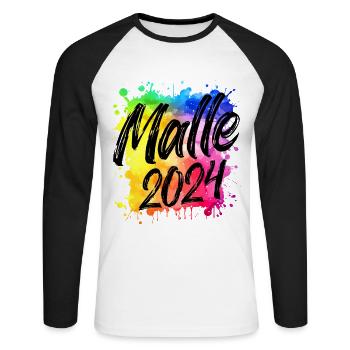 Malle 2024 Bunt Klecks Mallorca - Unisex Baseballshirt langarm - Weiß/Schwarz - Vorne - Nik (191cm)