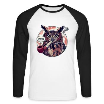 Eule mit Tabakpfeife sagt "Verlierer" - Unisex Baseballshirt langarm - Weiß/Schwarz - Vorne - Nik (191cm)