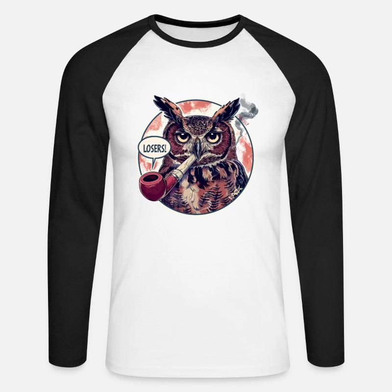 Eule mit Tabakpfeife sagt "Verlierer" - Unisex Baseballshirt langarm - Weiß/Schwarz