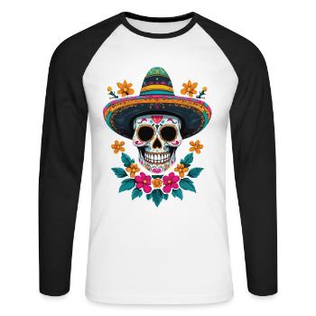 Crâne de sucre emblématique Mexique Dia de Muertos - T-shirt baseball manches longues Homme - blanc/noir - Devant - Nik (191cm)