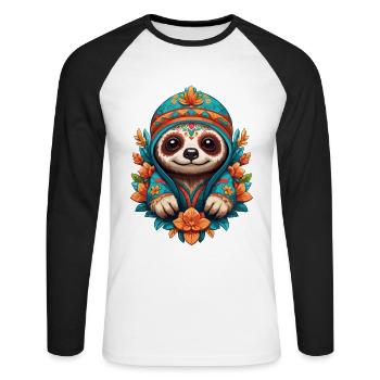 Faultier Ikonischer Zuckerschädel Mexiko - Unisex Baseballshirt langarm - Weiß/Schwarz - Vorne - Nik (191cm)