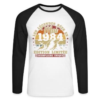 Vintage May 1984 Retro Birthday Gift - Unisex Long Sleeve Baseball T-Shirt - white/black - Front - Nik (191cm)
