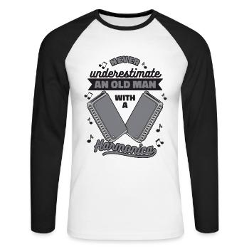 Ne sous-estimez jamais un vieil homme avec de l’harmonica - T-shirt baseball manches longues Homme - blanc/noir - Devant - Nik (191cm)