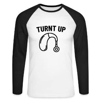Turnt Up Funny Deaf Awareness Hearing Aid Sign - Unisex Long Sleeve Baseball T-Shirt - white/black - Front - Nik (191cm)