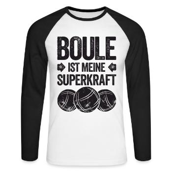 La boule est mon super pouvoir ! Joueur de pétanque - T-shirt baseball manches longues Homme - blanc/noir - Devant - Nik (191cm)