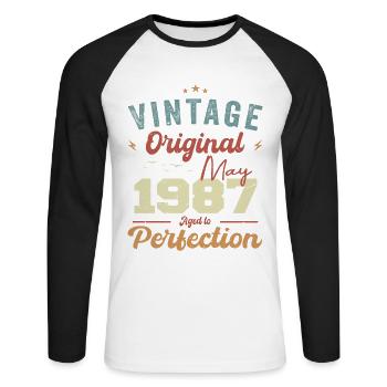 Mai 1987 Geburtstag Mai 1987 Geschenk Mai 1987 - Unisex Baseballshirt langarm - Weiß/Schwarz - Vorne - Nik (191cm)