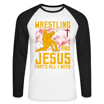 Wrestling and Jesus that's all I need - Unisex Baseballshirt langarm - Weiß/Schwarz - Vorne - Nik (191cm)