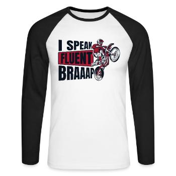 Ich spreche fließend Braaap Motorradrennen Supermoto - Unisex Baseballshirt langarm - Weiß/Schwarz - Vorne - Nik (191cm)
